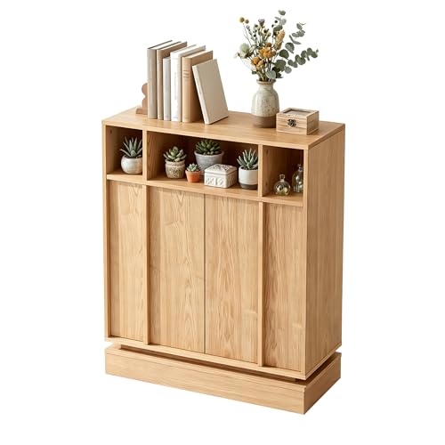 Image of 31.7'' Mid Century Modern Accent Sideboard Storage Cabinet, Natural Wood | 11.9''D Slim Credenza, 2 Doors, 3 Open Cubbies, Adjustable Shelf, for Narrow Entryway, Hallway, Living Room & Dining