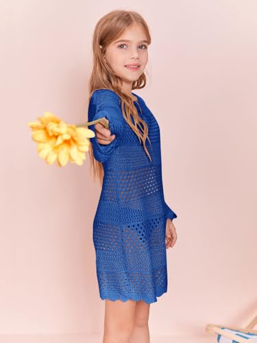 Image of Batermoon Girls Crochet Long Sleeve Swimsuit Cover Up Kids Fashion Hollow Out Swimwear Beach Dress 5-14 Years