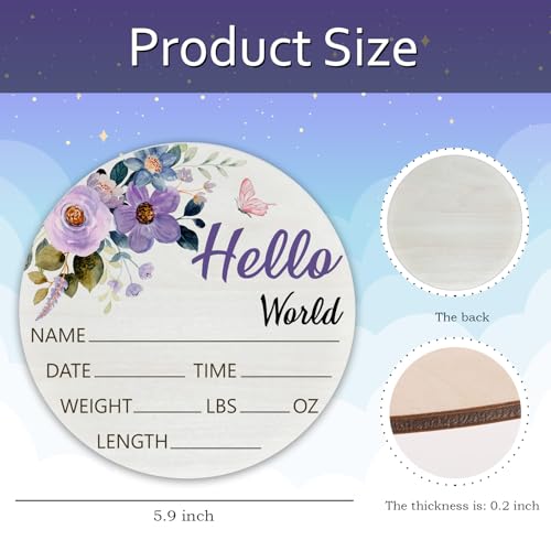 Image of Purple Rose Baby Announcement Sign, Wooden Nursery Name Plaque 6in | Purple Rose Themed Wooden Name Sign for Newborn Announcement, Nursery Decor, Baby Shower Gifts, Records Name, Date & Weight