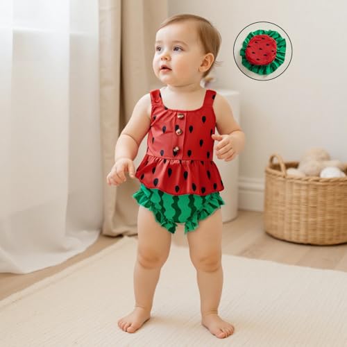 Watermelon Outfit Baby Girl Bloomers Set Smocked Ruffle Tank Top Shorts Set Watermelon Toddler Clothes with Hat2