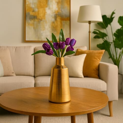 Image of Market99 Golden Metal Flower Holder |Truncated Cone Shape Vase with Ribbed Design & Glossy Texture|Decorative Accent for Tabletop, Living Room, Corner, Shelf & Gifting|A modern luxury for every corner