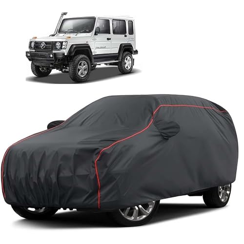 Image of Sulfar 100% Water Resistant Car Body Cover Compatible with Mirror for Force Gurkha (Triple Stitched, Full Bottom Elastic, Dark Grey Taffeta with Red Piping)
