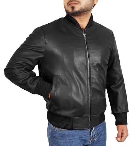 Leather Bomber Jacket Men - Ribbed Style Casual Varsity Real Lambskin Mens Leather Jacket Moto Fashion2