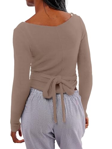 Women's Crop Sweater Tie Front Drawstring Long Sleeve V-Neck Lightweight Crochet Cardigan Solid Crop Brown