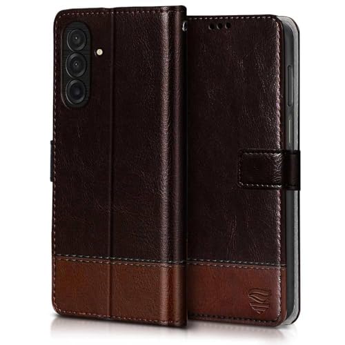 Image of FLIPPED Vegan Leather Flip Case Back Cover for Samsung Galaxy M17 5G | A17 5G | F17 5G (Flexible, Shock Proof | Hand Stitched Leather Finish | Card Pockets Wallet & Stand | Coffee with Brown)