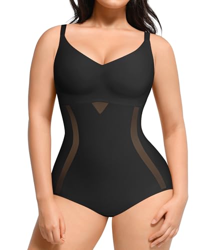 SHAPELLX Shapewear for Women Tummy Control Body Shaper Slimming Bodysuit V Neck Sculpting Snatched Body Suit Butt Lifter