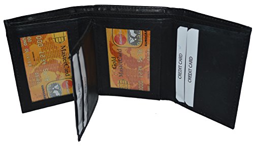 100% Leather Tri-fold Mens Wallet with flap black