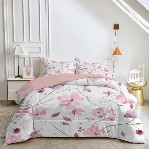 HYSNKSM Rosa/Lila Bettdecke 240x220 4 Jahreszeiten Bettdecken Landhausblumen Ganzjahresdecke Waschbare Bettdecke ohne Bezug Nutzbar Wende Muster Steppdecke mit 2 Kissenbezug 80x80cm x438