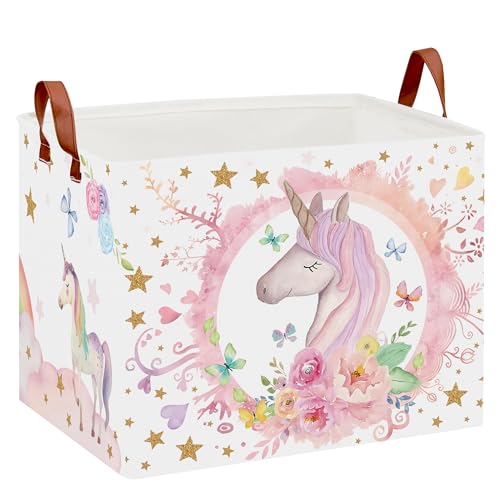 XHWZOF Unicorn Room Decor Storage Basket,Pink Laundry Hamper-Rainbow Toddler Storage Box,Cute Clothes Book Bin for Bedroom Bathroom