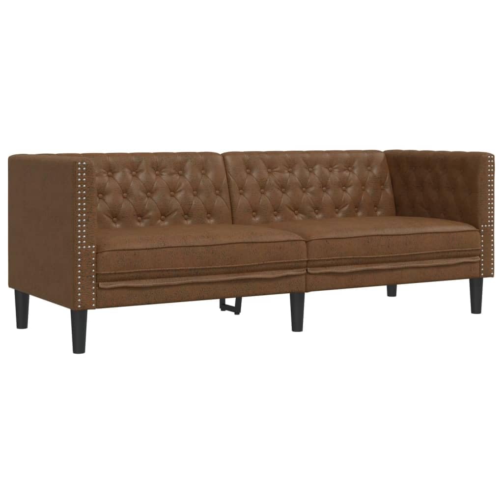 Set di 2 divani Chesterfield in similpelle scamosciata marrone, larghezza 174/194 cm, resistente, per soggiorno, salotto