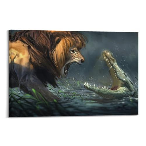 Poster lion et crocodile grand format 50x75 tableau décoration murale