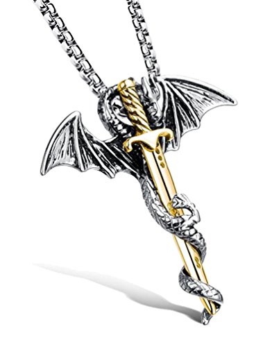 Fusamk Hip Hop Creative Titanium Steel Sword Animal Wing Dragon Pendant Chain Necklace
