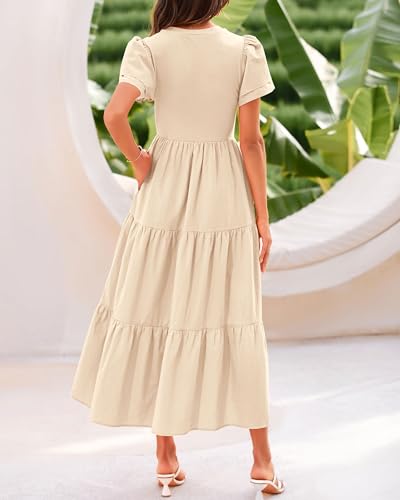 BTFBM Women Casual Summer Dresses 2025 Spring Crewneck Short Sleeve Tiered Flowy Boho Maxi Beach Vacation Dress Pockets3