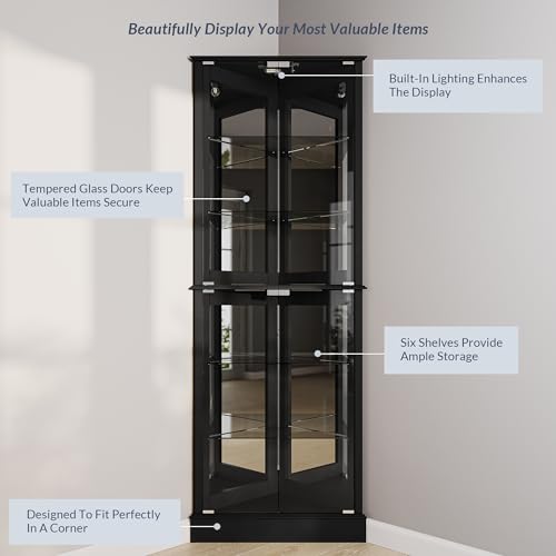 Image of BELLEZE Lighted Corner Display Curio Cabinet Wooden Shelving Unit with Tempered Glass Door, Bar and Liquor Storage Area with 6 Shelves - Woody (Black)