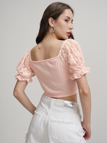 Image of Tokyo Talkies Women's Self Design Print Crop Top | Square Neck | Bishop Sleeves | Chic & Feminine | Tops for Woman | Women Tops | Women Crop Top