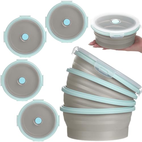 Suclain 4 Pcs Camping Bowl with Lid Collapsible Silicone Lunch Box Salad Bowl Expandable Food Storage Container Folding Travel Container for Hiking Camping(Blue Rim Gray,17 oz)