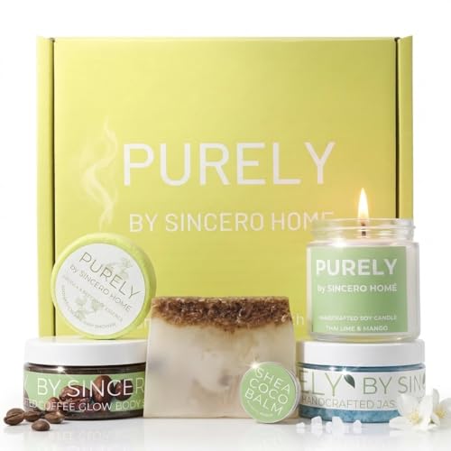 PURELY by SINCERO HOME – Set Regalo Baño Natural Lujo para Mujer, Kit de Spa Vegano con Vela de Soja, Sales de Jazmín, Exfoliante de Café – Regalo Premium para Cumpleaños y Navidad