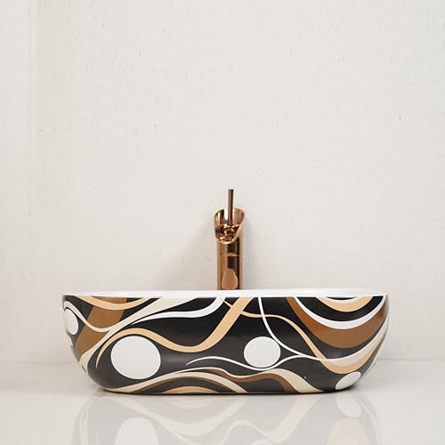 Image of LUXART Ceramic Table Top Vessel Sink | 13 x 18 x 5 IN Wash Basin Over Counter Top Wash Basin | Brown Wave Tabletop Bathroom Kitchen Sink For Bathroom & Living Room