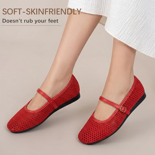 Image of Buyrew Women's Mary Jane Flats Breathable Mesh Square Toe Ballet Flats with Arch Support Washable Non Slip Casual Dress Shoes for Work Office
