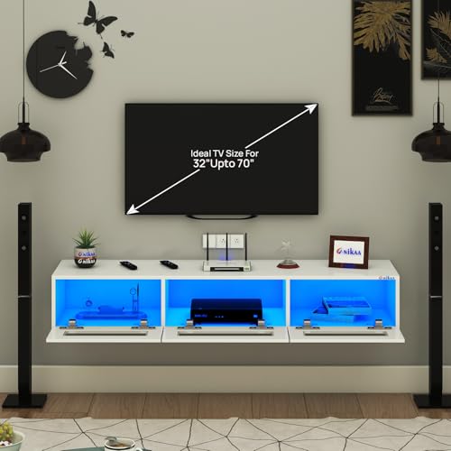 Image of Anikaa Rayza Wall Mount Modern Floating TV Unit for Living Room | 3 Closed Storage cabinets with hinged Door - 3 Blue LED Light | Ideal for UP to 65 Inch TV (White Finish - DIY Installation)