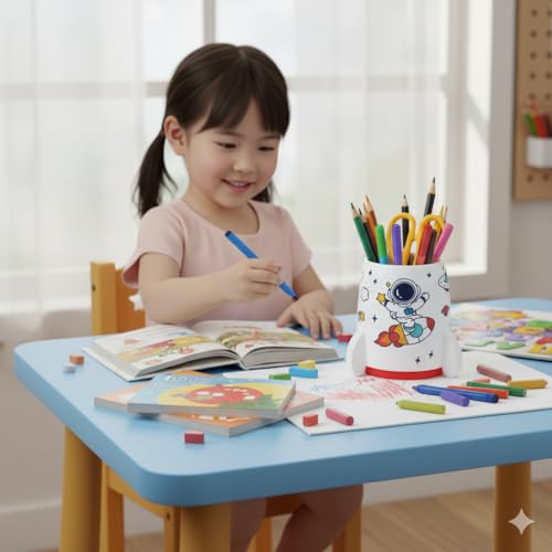 Image of AccuPrints Sumiko Cute Astronaut Pen Pencil Holder, Pen Stand for Office Desk Organizer, Creative Pen Cup Organizer for Kids, Desk, School Classroom, Office (White)
