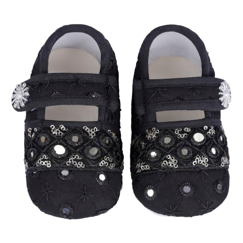 Black Ethnic Mirror Lace Booties Shoes for Girls Soft Warm Comfortable Anti-Slip New Born Infant shoe Baby Footwear gift for little one Walking & Daily Wear-image-48