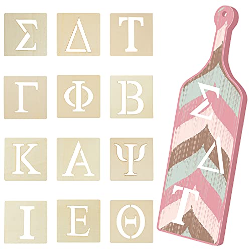 24 Pieces Greek Letter Stencils Wooden Alphabet Stencil Unfinished Greek Letters Painting Greek Letters for DIY Crafts, Wall Decor, Not Include Greek Paddle