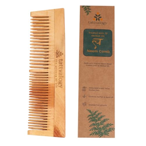 Image of Tattvalogy Double Toothed Raw Neem Comb |Kaachi Neem Wooden Comb for Blood Circulation & Hair Growth | avoid Hair Pulling, Static Electricity, Itchy Scalp & Oil Build-Up