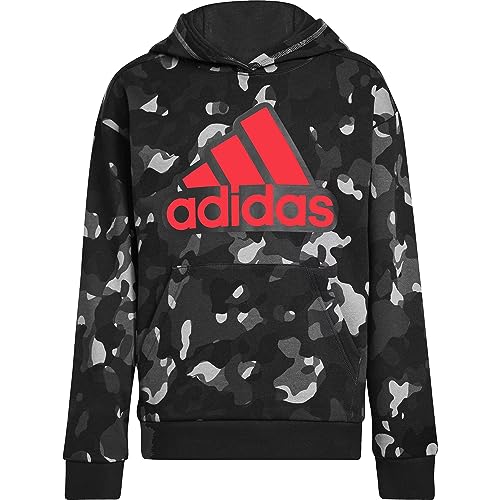 adidas Boys' Core Camo Allover Print Pullover Fleece Hoodie (Adi Black/Vivid Red, Medium)