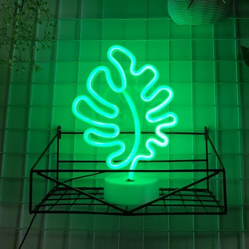 Image of JYWJ Neon Signs with Holder Base,USB or 3-AA Battery Powered Neon Light,LED Table Decoration,Bedroom Wall Decoration,Birthday Gift,Wedding Supplies Business Gift(Leaf)