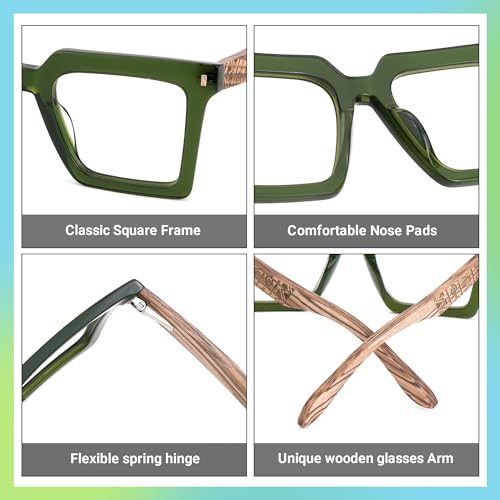 Image of Zeelool Vintage Square Wood Arm Eyeglasses Frame for Men with Non-prescription Clear Lens ZJGX320783-03 Green