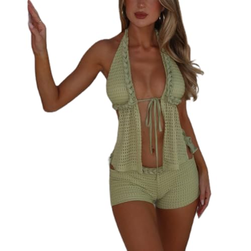 Summer Two Piece Crochet Set for Women Tie Up...