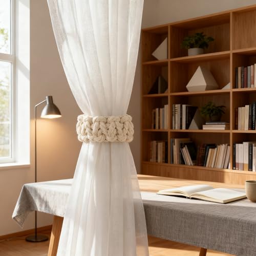 4 Pack White Braided Curtain Tiebacks, Farmhouse Boho Rustic Holdbacks, Handmade Decor Accessories for Home Office Bedroom Window Drapes (4, White)