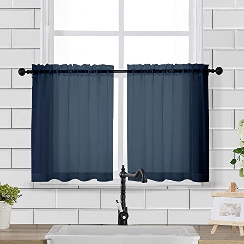 Image of Chyhomenyc Sheer Curtains Tiers 42W x 24L Inches 2 Pieces, Light Filtering Small Curtains, Short Bathroom Living Room Cafe Basement Voile Window Curtain, Rod Pocket, Navy Blue