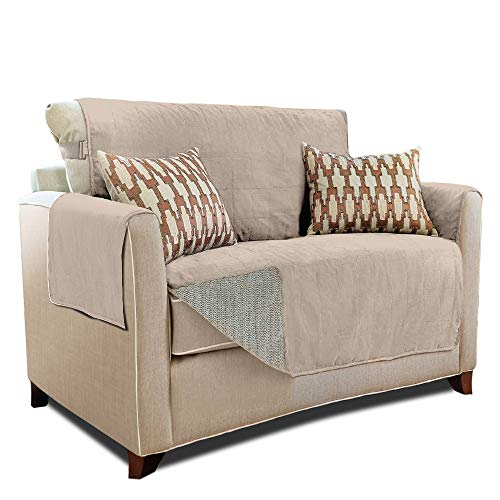Gorilla Grip Original Slip Resistant Loveseat Protector for Seat Width up to 54 Inch, Patent Pending Suede-Like Furniture Slipcover, 2 Inch Straps, Couch Slip Cover Throw for Dogs, Love Seat, Taupe