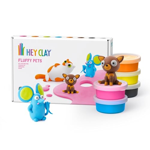 HEY CLAY - 6 Dosen lufttrocknende Knete für Kinder ab 3 Jahren - Kreatives Bastelset - Modelliermasse lufttrocknend Knete ab 3 Jahre (Flauschige Tiere: Perserkatze Maus Chihuahua)