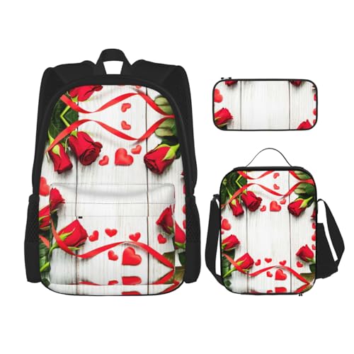 Romance Rose Flower With Heart Petal Print 3 Piece Set Backpack, Lunch Bag, Pencil Case, Cute Sturdy For College And Travel