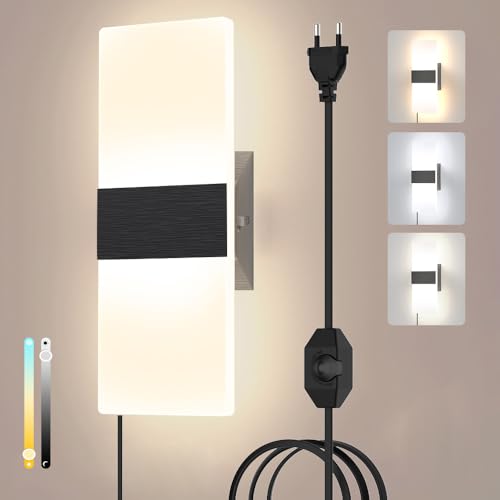Sytmhoe Dimmbar Wandleuchte Mit Stecker Und Kabel 1.8M 12W 960LM 3000K 4500K 6000K Acryl Schwarz E27 Led Wandlampe Innen Mit Schalter Für Schlafzimmer Wohnzimmer Flur Kinderzimmer Treppenhaus Hotel