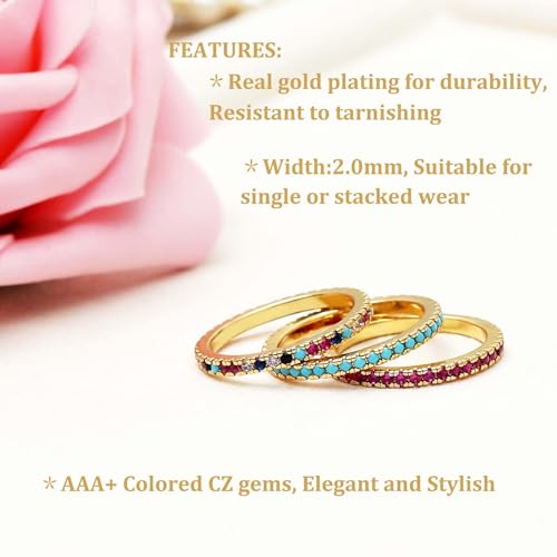 Gold Stacking Rings for Women Non Tarnish,14k Real Gold Plated Colored Diamond Rings for Women Elegant Eternity Band Pinky Ring Stack Personalized Jewelry Gift2