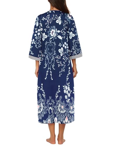 Image of Ekouaer Women Zipper Robe 3 /4 Sleeves Loungewear Dress Full Length Sleepwear Pockets Housecoat Nightgown Long Bathrobe