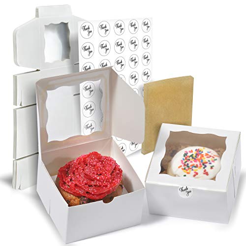 BAKER BOXES Small Cookie Boxes - 4x4x2.5 inches - 50 Pack - Easy to Fold White Dessert Boxes with Window - Thick and Sturdy Treat Boxes, Small Cake Boxes, Donut Boxes, Mini Cake Boxes, Favor Boxes