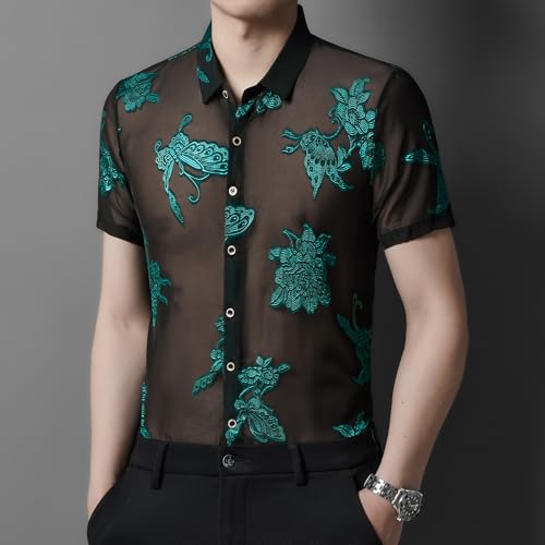MOKEWEN Men's Punk Elegant See Through Lace Short Sleeve Shirts3
