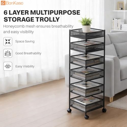 Image of BonKaso 6-Layer Square Multipurpose Kitchen Trolley with Swivel Storage Basket & 360 Rotating Wheels, Black Steel Frame, Easy Mobility, Space-Saving and Durable