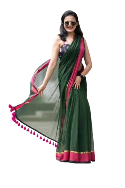 Sudip callection Handloom Mul Cotton Saree for Women – Bottle Green with Pink Border Golden Zari Line & Tassel Pallu-picture-37