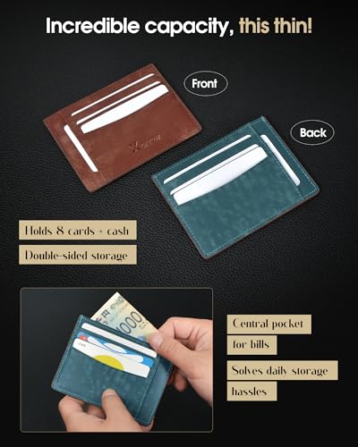 Men's Slim Wallet Italian Pebbled Leather Minimalist Front Pocket RFID Blocking Credit Card Holder with Gift Box Green3