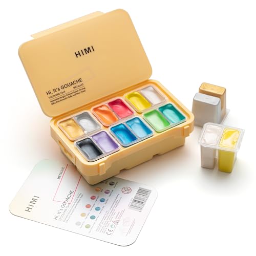 HIMI Metallic Jelly Gouache Paint Set 12 Colors 12g Jelly Cup Design Travel carry Gouache Paint Non Toxic for Canvas and Paper Art Supplies for Professionals and Beginner