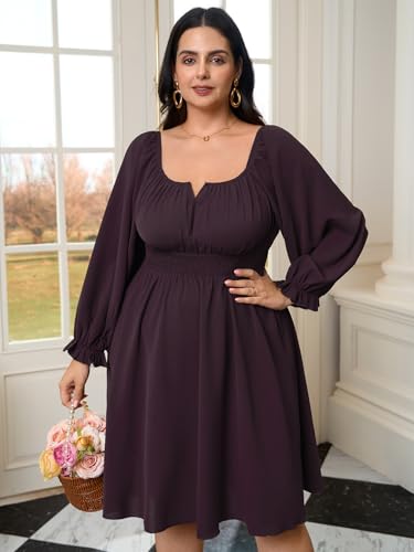 Womens Plus Size Cocktail Dress Fall Off Shoulder Long Sleeve Square Neck Smocked Waist Flowy A Line Short Dress4