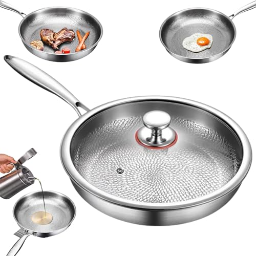 Sartén de Titanio Martillado Pro con Tapa, Multifuncional, Ultraduradera, Antiadherente y Resistente a Rayaduras, 100% Antiadherente, Textura Martillada, Utensilios de Cocina Titanium Pro (XL)