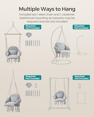 سونج مايكس كرسي معلق مع وسادة كبيرة وسميكة، كرسي ارجوحة بوهو لغرفة النوم والفناء والشرفة والحديقة، يحمل ما يصل الى 265 باوند، الملحقات متضمنة، رمادي دوف UGDC042G11