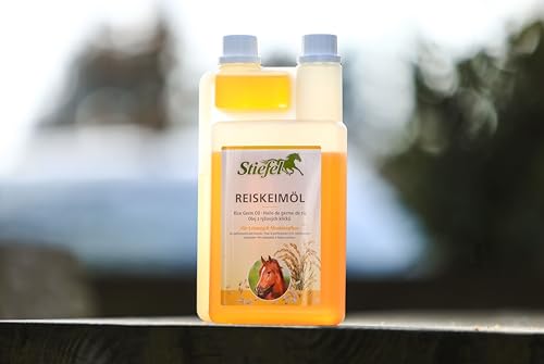 Stiefel Reiskeimöl für Pferde, hochwertiges 100% naturreines Öl, kann den Muskelaufbau & die Leistungsbereitschaft unterstützen, flüssig mit Dosierflasche, 1l